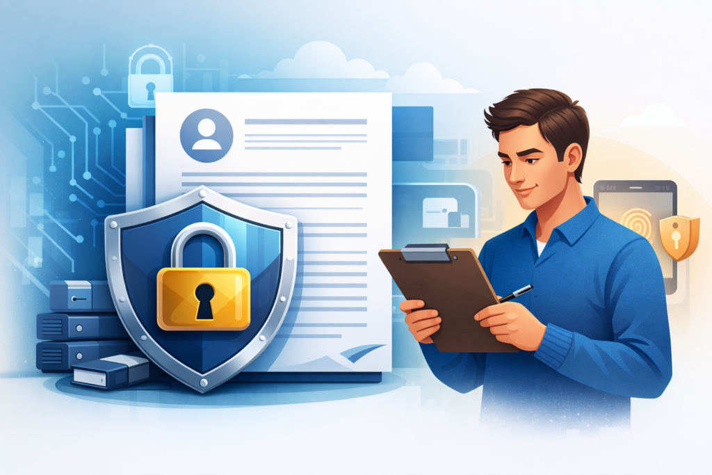 Ilustración de documento digital con candado y persona leyendo política de privacidad para representar la protección de datos