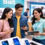 Mujer joven registra su línea móvil Bait en un módulo digital usando un smartphone y mostrando su identificación oficial, sin logotipos.