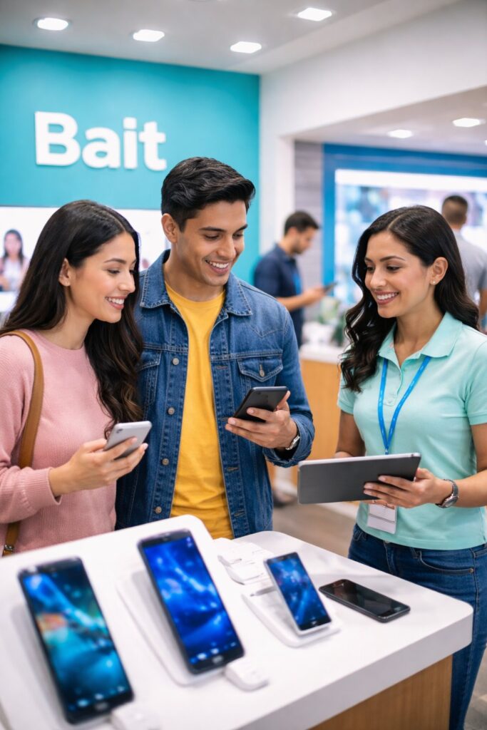 Mujer joven registra su línea móvil Bait en un módulo digital usando un smartphone y mostrando su identificación oficial, sin logotipos.