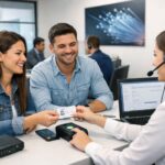 Persona registrando su línea con identificación y smartphone