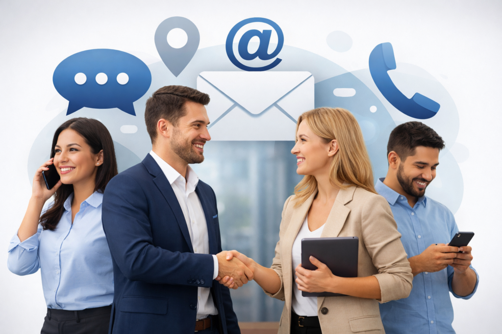 Ilustración de personas comunicándose con iconos de correo electrónico, chat y teléfono, representando la página de contacto