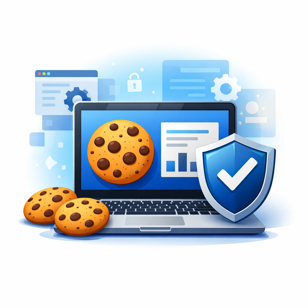 Ilustración de una computadora con iconos de galletas y un escudo de privacidad, representando la política de cookies de un sitio web.