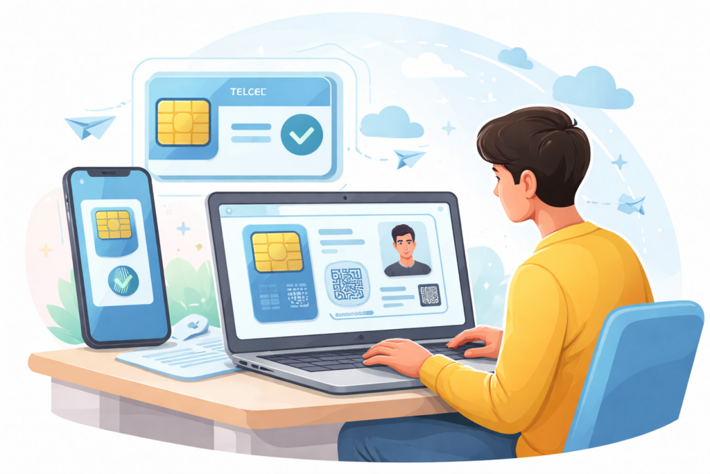 Ilustración de una persona usando una laptop para registrar una línea telefónica con una tarjeta SIM digital y una tarjeta de identificación biométrica, sin logos