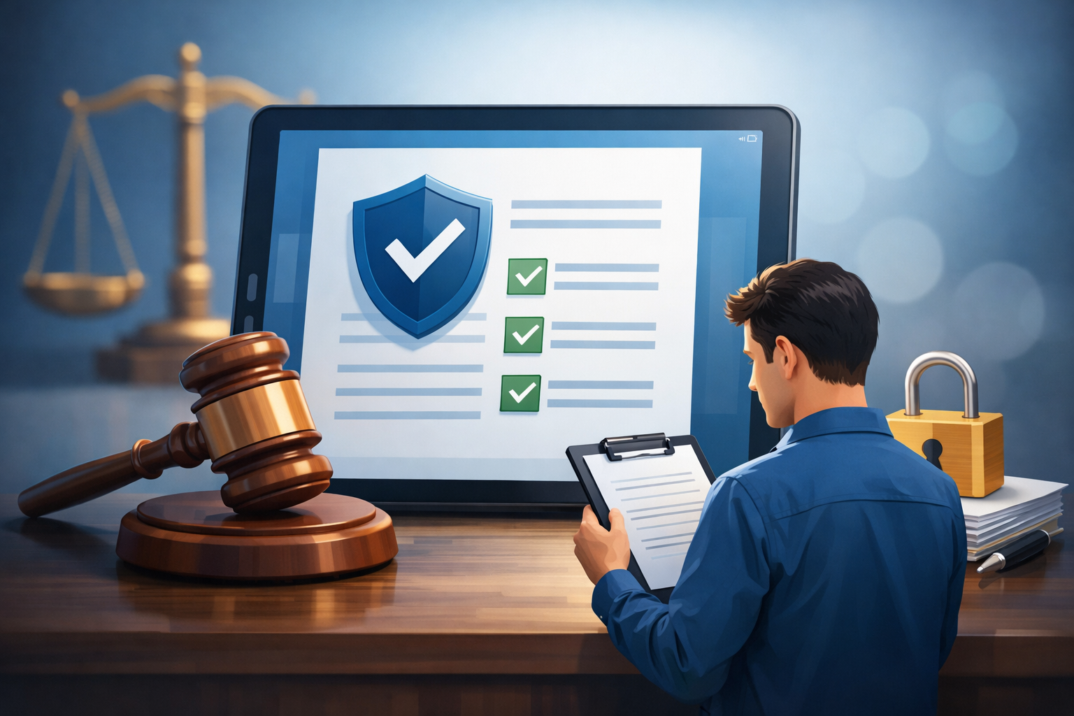 Ilustración de una persona revisando un contrato digital con un escudo de protección y una balanza, representando los términos y condiciones del sitio web