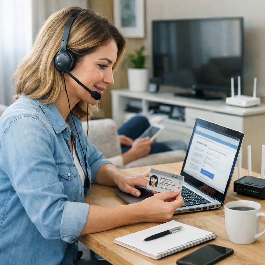 Persona registrando su línea Blue Telecomm con identificación oficial y smartphone