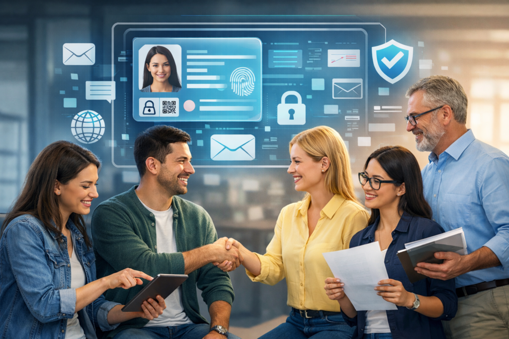 Ilustración de un equipo de personas colaborando y estrechando la mano frente a una pantalla con iconos de identidad digital y biometría, representando el equipo de CURP Biométrica