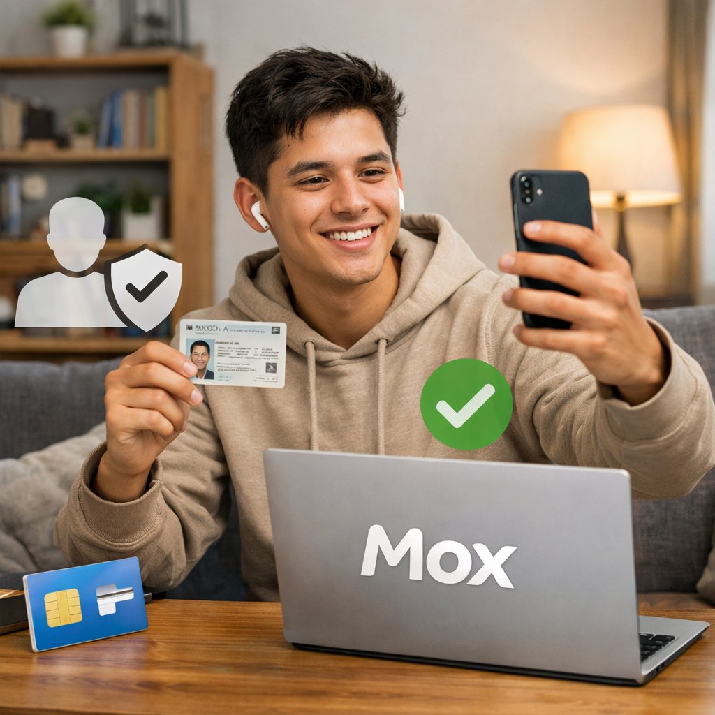 Persona registrando su línea Mox con identificación y smartphone
