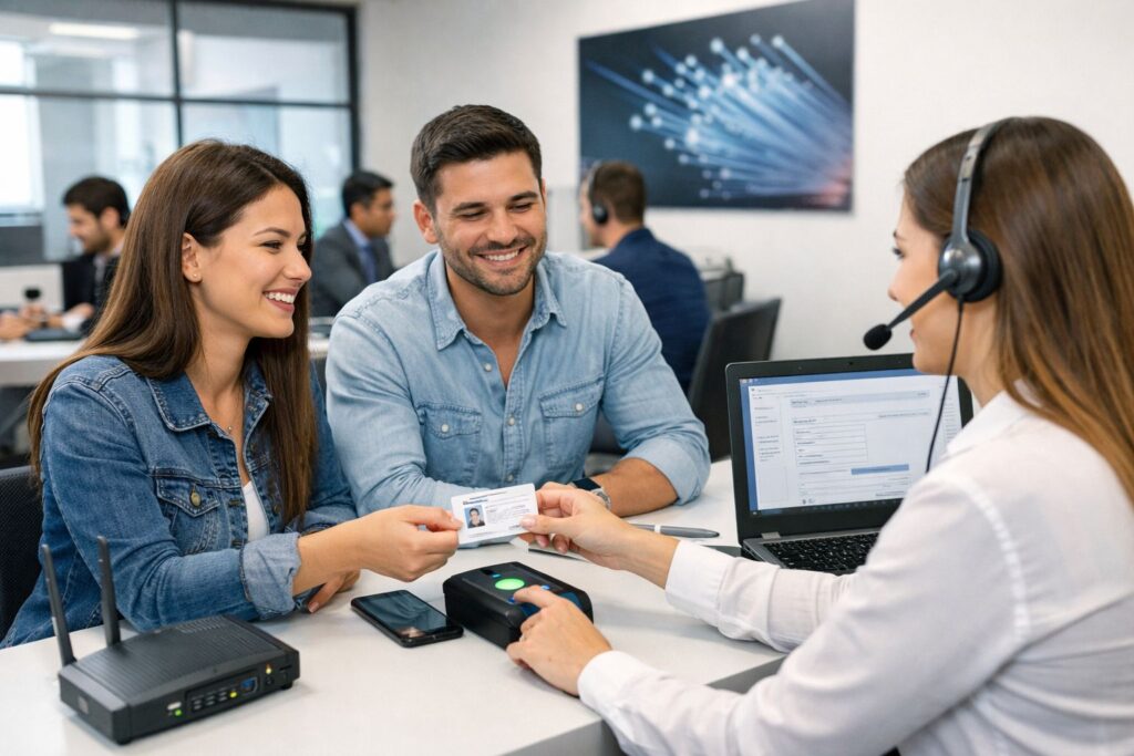Persona registrando su línea con identificación y smartphone